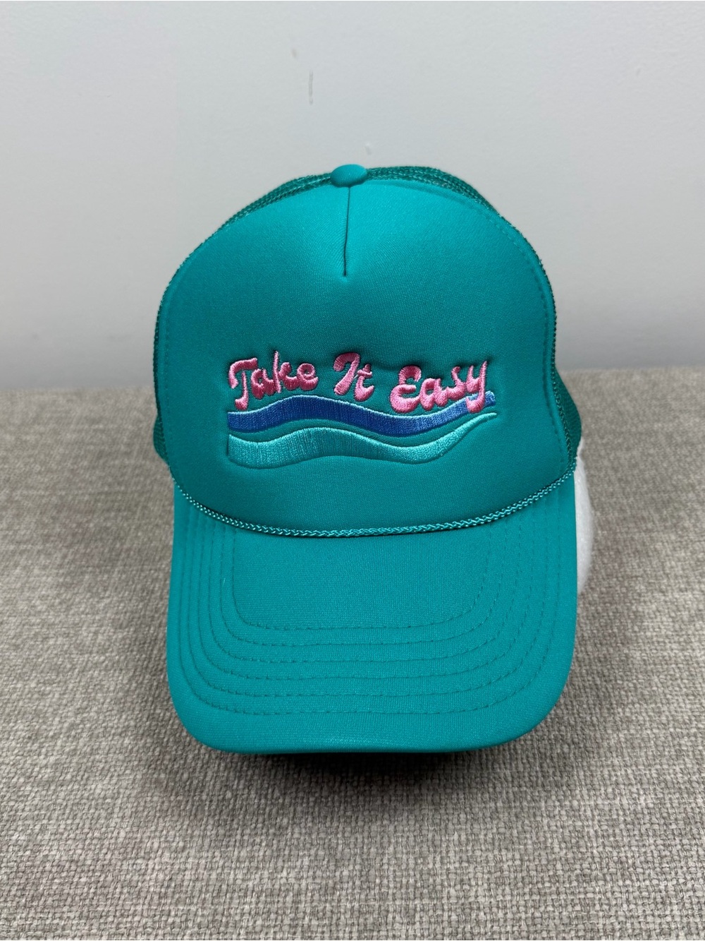 Katydid Teal Pink Take It Easy Embroidered Trucker Hat Cap Beach Summer